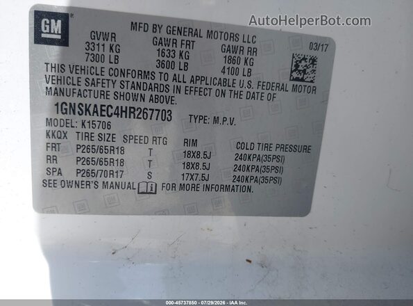 1GNSKAEC4HR267703 2017 CHEVROLET TAHOE White ძრავის განყოფილების ხედი