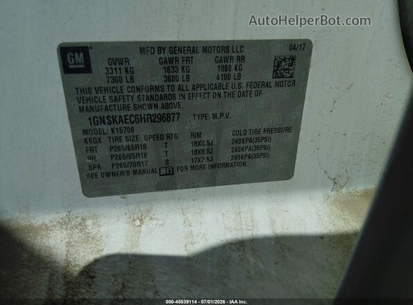 1GNSKAEC6HR296877 2017 CHEVROLET TAHOE Белый Вид подкапотного пространства