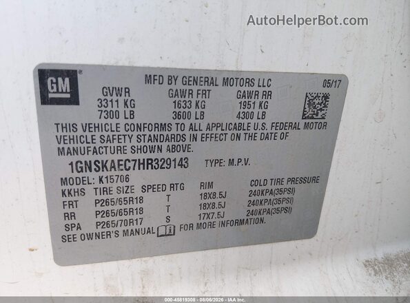 1GNSKAEC7HR329143 2017 CHEVROLET TAHOE White Engine compartment view