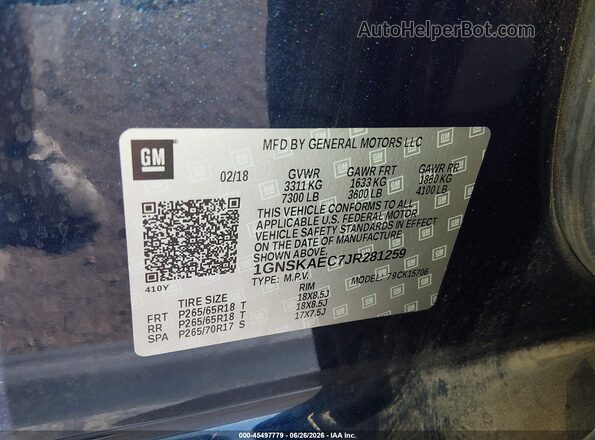 1GNSKAEC7JR281259 2018 CHEVROLET TAHOE Blue Widok komory silnika