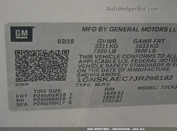 1GNSKAEC7JR296182 2018 CHEVROLET TAHOE Silver Vista del compartimento del motor