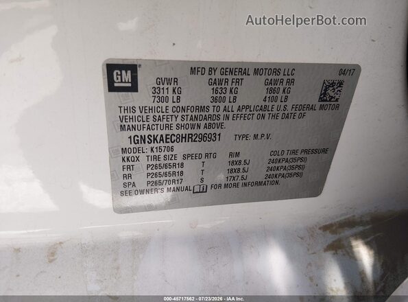 1GNSKAEC8HR296931 2017 CHEVROLET TAHOE White Engine compartment view
