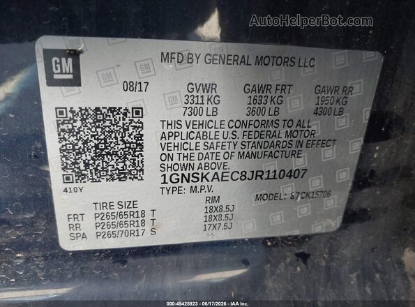 1GNSKAEC8JR110407 2018 CHEVROLET TAHOE Dark Blue Շարժիչի բաժամունքի տեսք