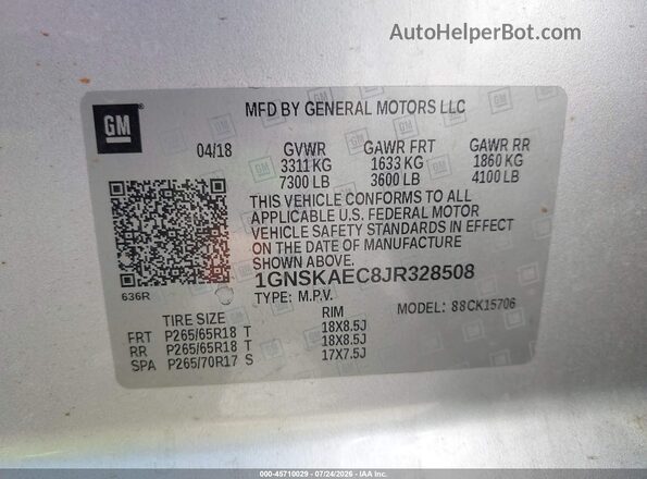 1GNSKAEC8JR328508 2018 CHEVROLET TAHOE Silver Widok komory silnika