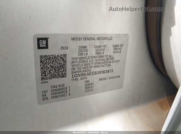 1GNSKAEC8JR363873 2018 CHEVROLET TAHOE Silver Вид підкапотного простору