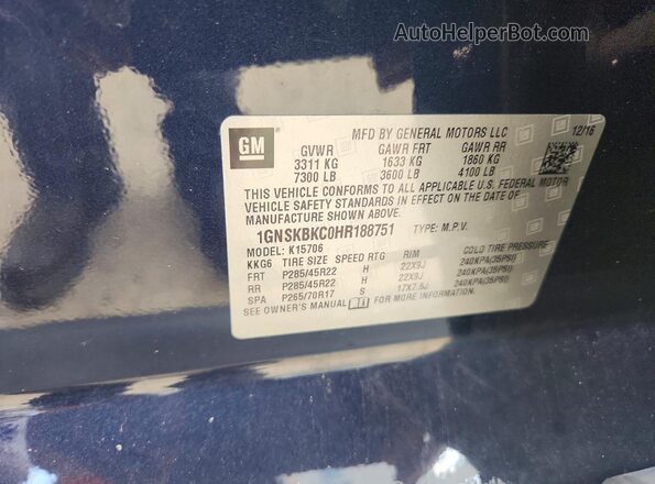 1GNSKBKC0HR188751 2017 CHEVROLET TAHOE Синий Вид наклейки с VIN-кодом