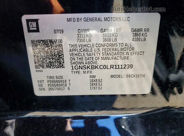 1GNSKBKC0LR111239 2020 CHEVROLET TAHOE Black VIN կոդի պիտակի տեսք