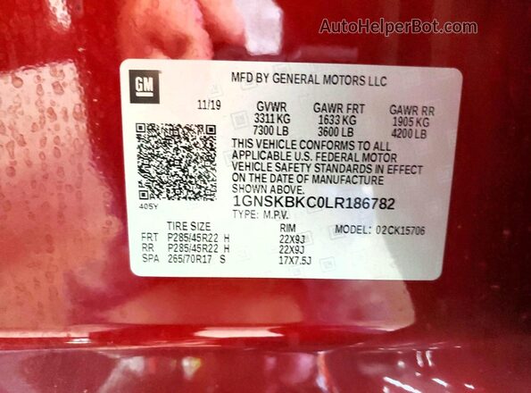 1GNSKBKC0LR186782 2020 CHEVROLET TAHOE Burgundy სალონის 360-გრადუსიანი ხედი