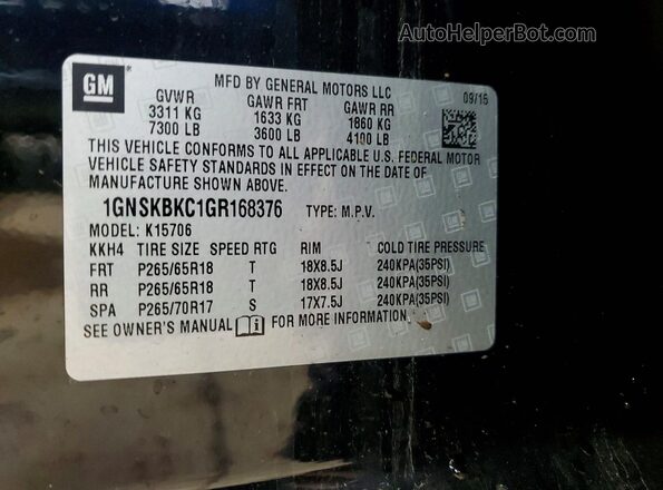 1GNSKBKC1GR168376 2016 CHEVROLET TAHOE Black VIN კოდის სტიკერის ხედი