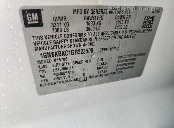 1GNSKBKC1GR323508 2016 CHEVROLET TAHOE White Vista de la etiqueta del VIN