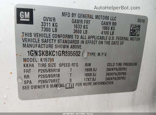 1GNSKBKC1GR395602 2016 CHEVROLET TAHOE White Widok komory silnika