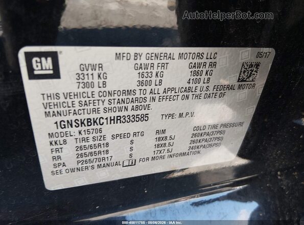 1GNSKBKC1HR333585 2017 CHEVROLET TAHOE Black Vista del compartimento del motor