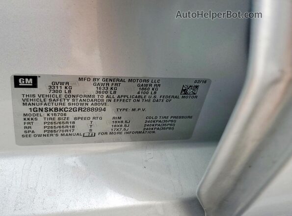 1GNSKBKC2GR288994 2016 CHEVROLET TAHOE Silver Vista interior de 360 grados