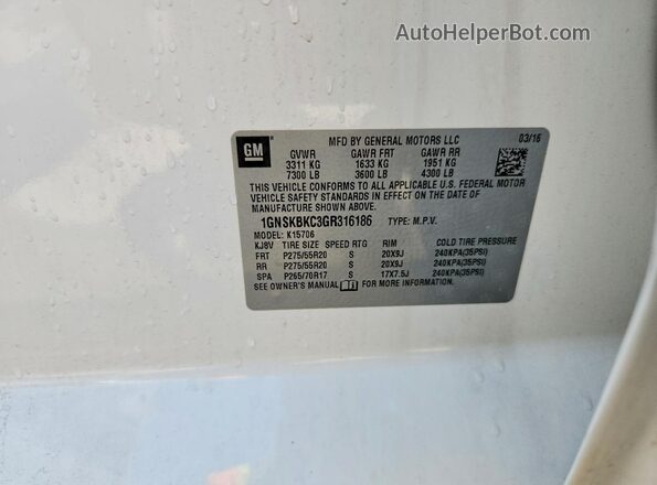 1GNSKBKC3GR316186 2016 CHEVROLET TAHOE White VIN կոդի պիտակի տեսք