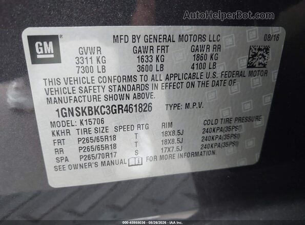1GNSKBKC3GR461826 2016 CHEVROLET TAHOE Gray Widok komory silnika
