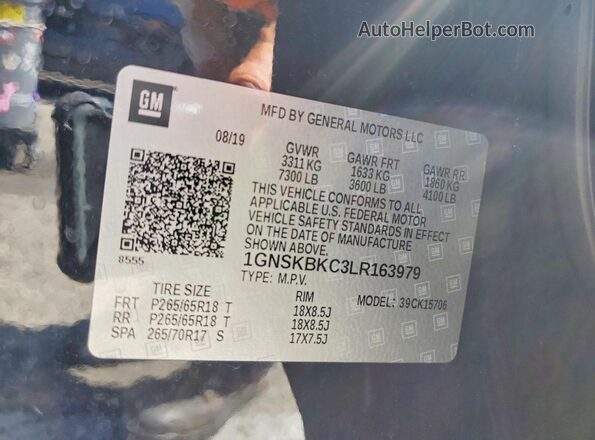 1GNSKBKC3LR163979 2020 CHEVROLET TAHOE Black VIN կոդի պիտակի տեսք