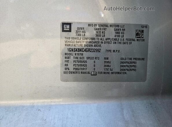1GNSKBKC4GR232992 2016 CHEVROLET TAHOE Silver Vista de la etiqueta del VIN