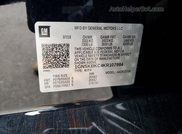 1GNSKBKC4KR107984 2019 CHEVROLET TAHOE Black Widok naklejki z numerem VIN