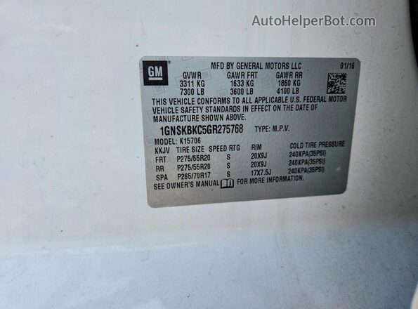 1GNSKBKC5GR275768 2016 CHEVROLET TAHOE White Widok wnętrza 360 stopni