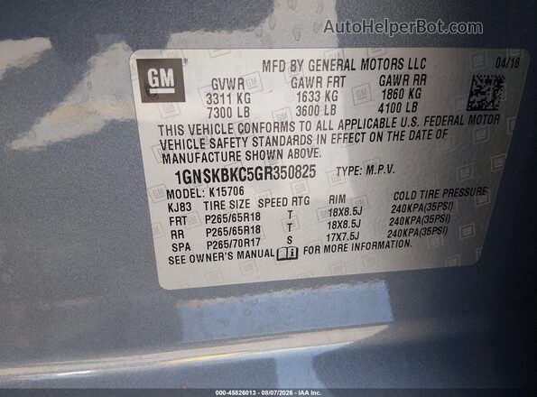 1GNSKBKC5GR350825 2016 CHEVROLET TAHOE Gray Vista del compartimento del motor