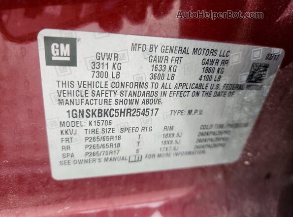 1GNSKBKC5HR254517 2017 CHEVROLET TAHOE Burgundy Вид наклейки з VIN-кодом