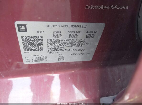 1GNSKBKC5HR356030 2017 CHEVROLET TAHOE Red Vista del compartimento del motor