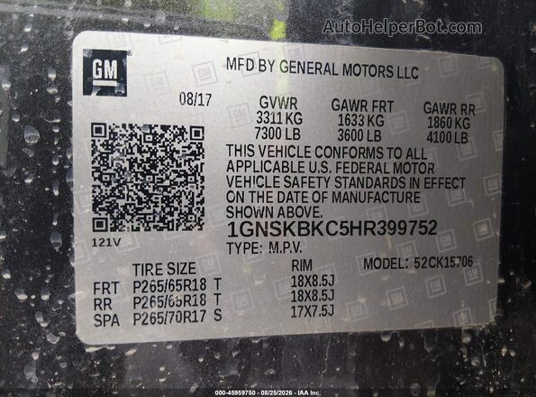 1GNSKBKC5HR399752 2017 CHEVROLET TAHOE Black Вид підкапотного простору
