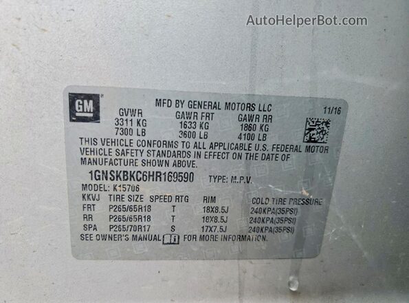 1GNSKBKC6HR169590 2017 CHEVROLET TAHOE Серебряный Вид наклейки с VIN-кодом