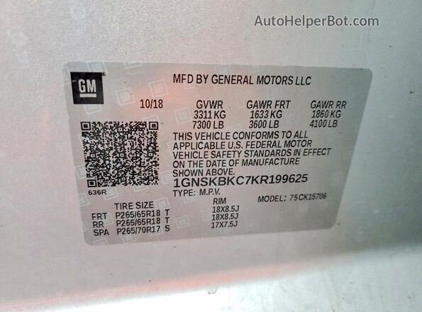 1GNSKBKC7KR199625 2019 CHEVROLET TAHOE Silver VIN կոդի պիտակի տեսք
