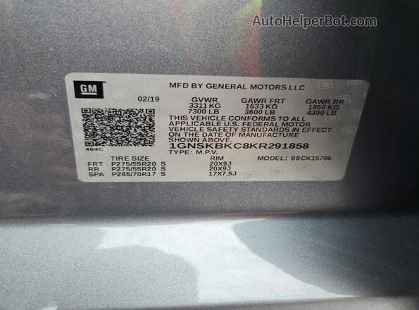 1GNSKBKC8KR291858 2019 CHEVROLET TAHOE Gray Vista interior de 360 grados
