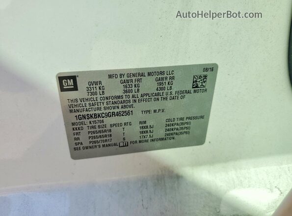 1GNSKBKC9GR462561 2016 CHEVROLET TAHOE White Widok naklejki z numerem VIN