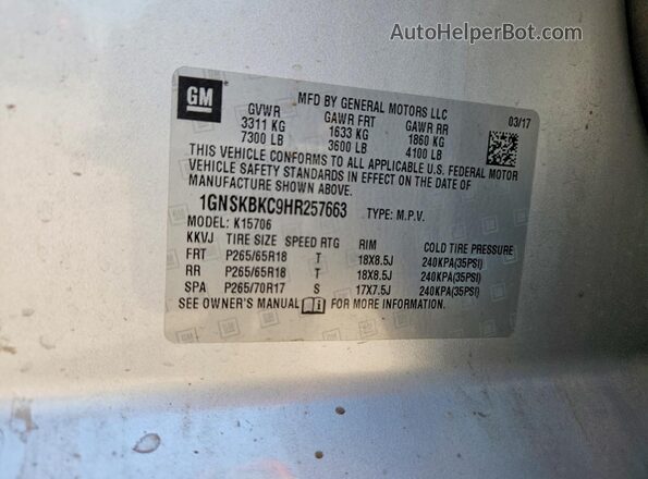 1GNSKBKC9HR257663 2017 CHEVROLET TAHOE Silver Вид підкапотного простору
