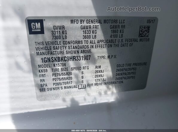 1GNSKBKC9HR331907 2017 CHEVROLET TAHOE Белый Вид подкапотного пространства