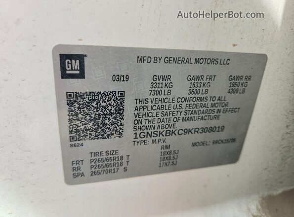 1GNSKBKC9KR308019 2019 CHEVROLET TAHOE White Widok naklejki z numerem VIN