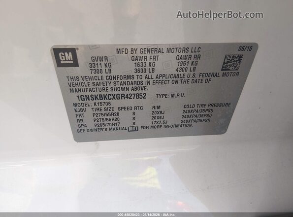 1GNSKBKCXGR427852 2016 CHEVROLET TAHOE White ძრავის განყოფილების ხედი