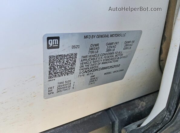 1GNSKBKD8MR352010 2021 CHEVROLET SUBURBAN White VIN sticker view