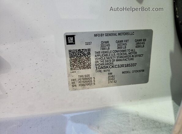 1GNSKCKC3JR185337 2018 CHEVROLET TAHOE White Widok wnętrza 360 stopni