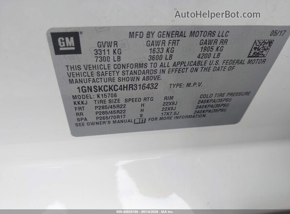 1GNSKCKC4HR316432 2017 CHEVROLET TAHOE White ძრავის განყოფილების ხედი