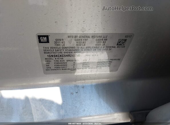 1GNSKCKC5HR243748 2017 CHEVROLET TAHOE Silver ძრავის განყოფილების ხედი