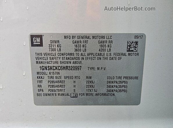 1GNSKCKC6HR320997 2017 CHEVROLET TAHOE White Вид наклейки з VIN-кодом