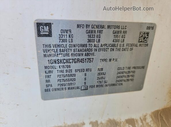 1GNSKCKC7GR451757 2016 CHEVROLET TAHOE White Սալոնի 360 աստիճան տեսք