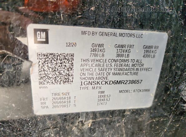 1GNSKCKD6MR238657 2021 CHEVROLET SUBURBAN Black Vista de la etiqueta del VIN