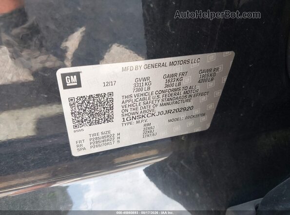 1GNSKCKJ0JR202920 2018 CHEVROLET TAHOE Black ძრავის განყოფილების ხედი