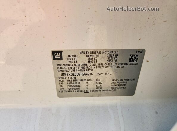 1GNSKDEC0GR264216 2016 CHEVROLET TAHOE White 