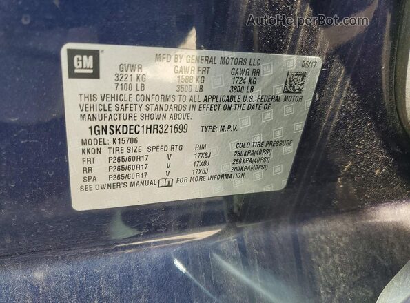 1GNSKDEC1HR321699 2017 CHEVROLET TAHOE Blue 