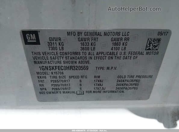 1GNSKFEC0HR320569 2017 CHEVROLET TAHOE Белый Вид подкапотного пространства