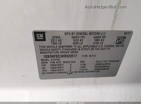 1GNSKFEC3HR320517 2017 CHEVROLET TAHOE Белый Вид подкапотного пространства