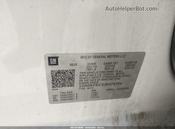 1GNSKFEC3JR375734 2018 CHEVROLET TAHOE White Vista del compartimento del motor