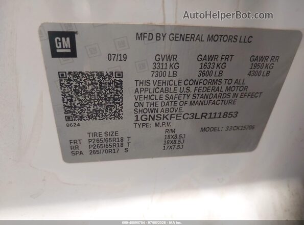 1GNSKFEC3LR111853 2020 CHEVROLET TAHOE White Շարժիչի բաժամունքի տեսք