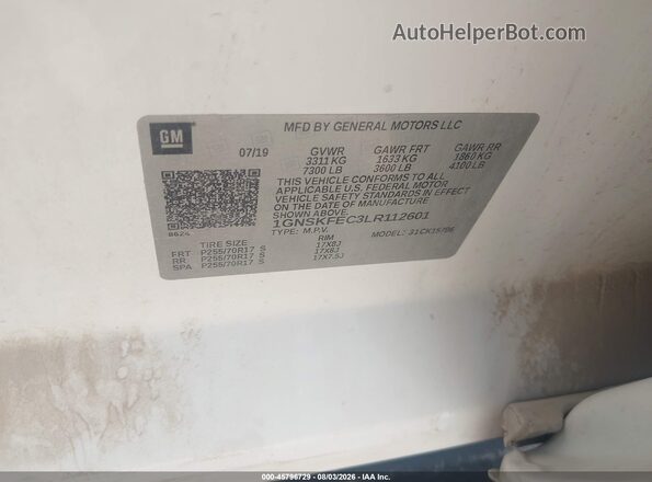 1GNSKFEC3LR112601 2020 CHEVROLET TAHOE White Շարժիչի բաժամունքի տեսք